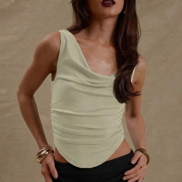 Stretchy ruched side cowl neck draped top - Picture 1 of 5